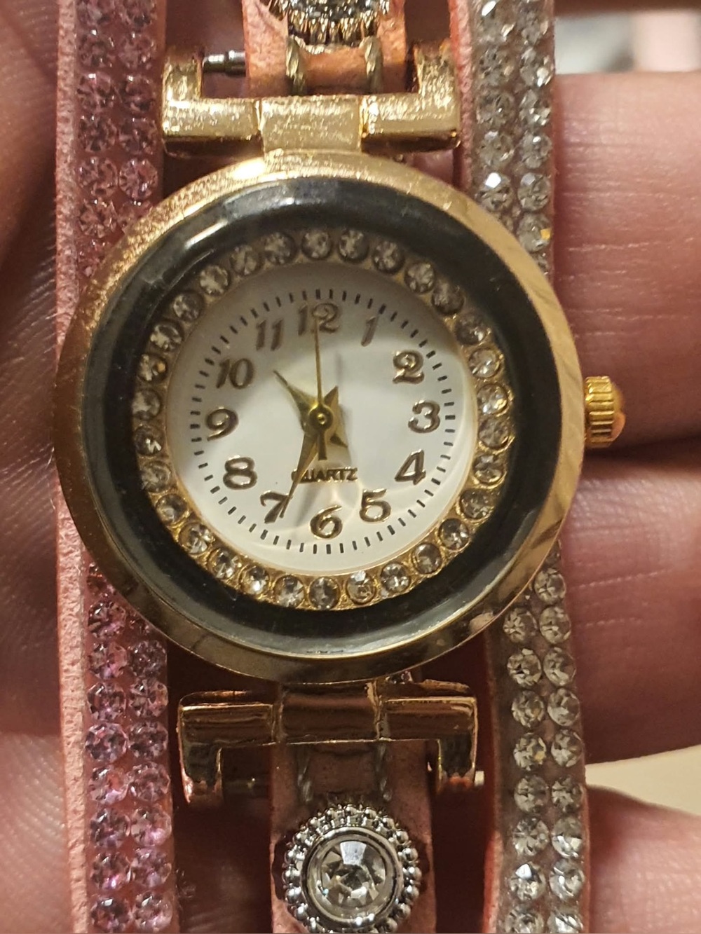 🦋10/$20🦋 Goldtone/Pink Rhinestone Leather Double Loop Women's Watch